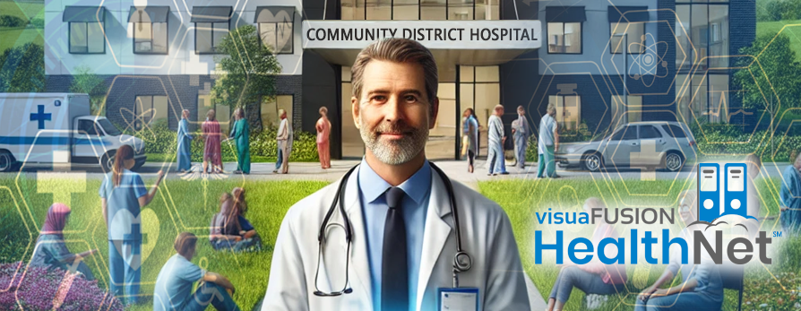 HealthNet Banner showing a Rural Hospital and a doctor with the HealthNet logo