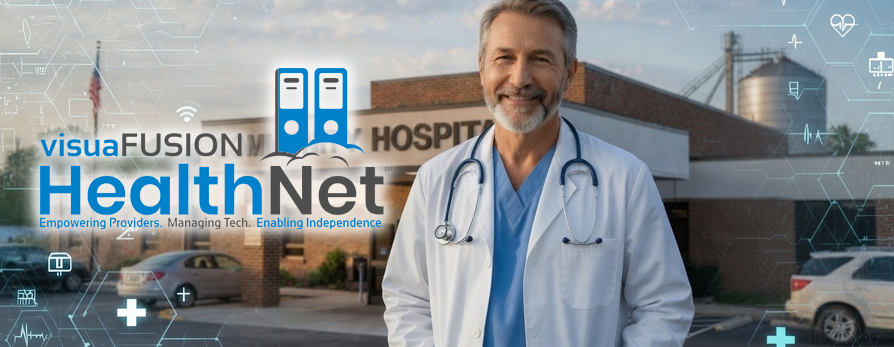 HealthNet Banner showing a Rural Hospital and a doctor with the HealthNet logo