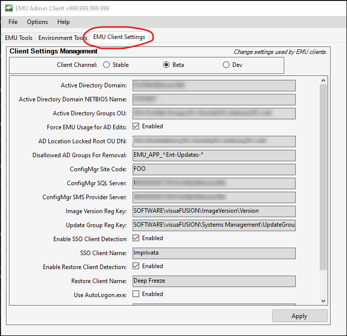 EMU Client Settings Management View