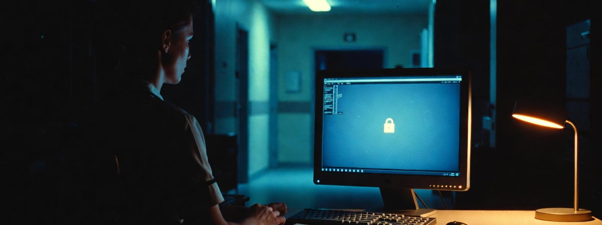 A nurse stares at a monitor in a dimly lit room
